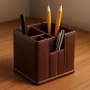 Premium Leather Pen Holder for Office Desk Organizer with Pencil Compartments