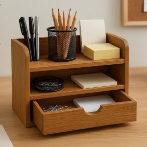 Wooden Desktop Storage Box with Drawer for Home Office Supplies