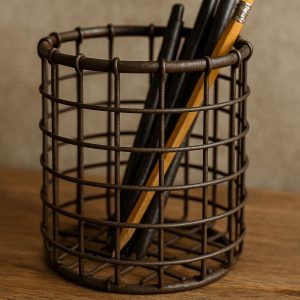 Vintage Industrial Iron Wire Pen Cup for Rustic Office and Home Decor