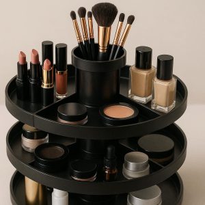 Rotating Makeup Organizer with Trays for Cosmetics and Brushes