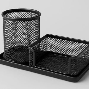 Metal Mesh Desk Pen Holder with Removable Tray for Office Supplies